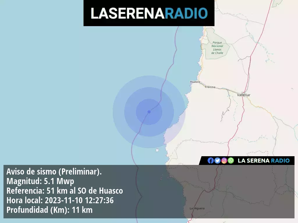 Sismo de mediana intensidad a 51 kilómetros al suroeste de Huasco