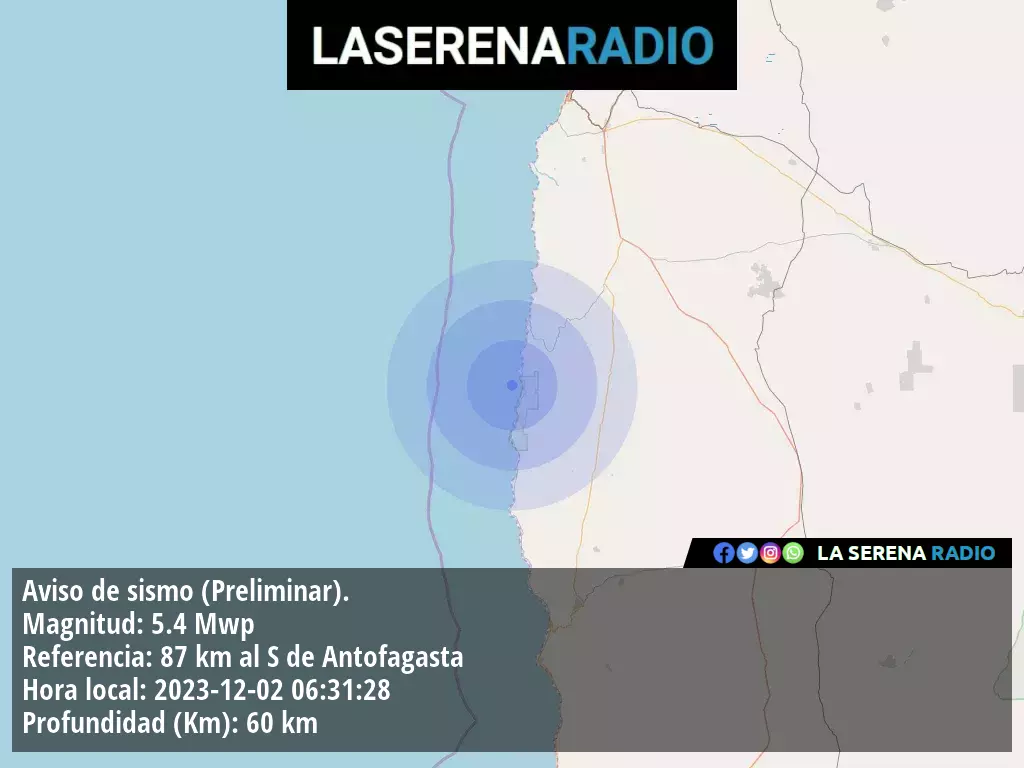 Sismo de mediana intensidad a 87 kilómetros al sur de Antofagasta