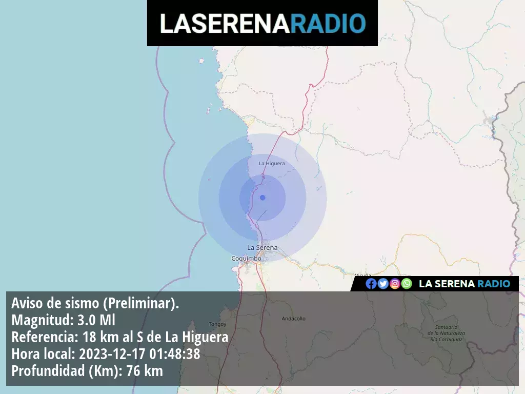 Sismo de menor intensidad a 18 kilómetros al sur de La Higuera