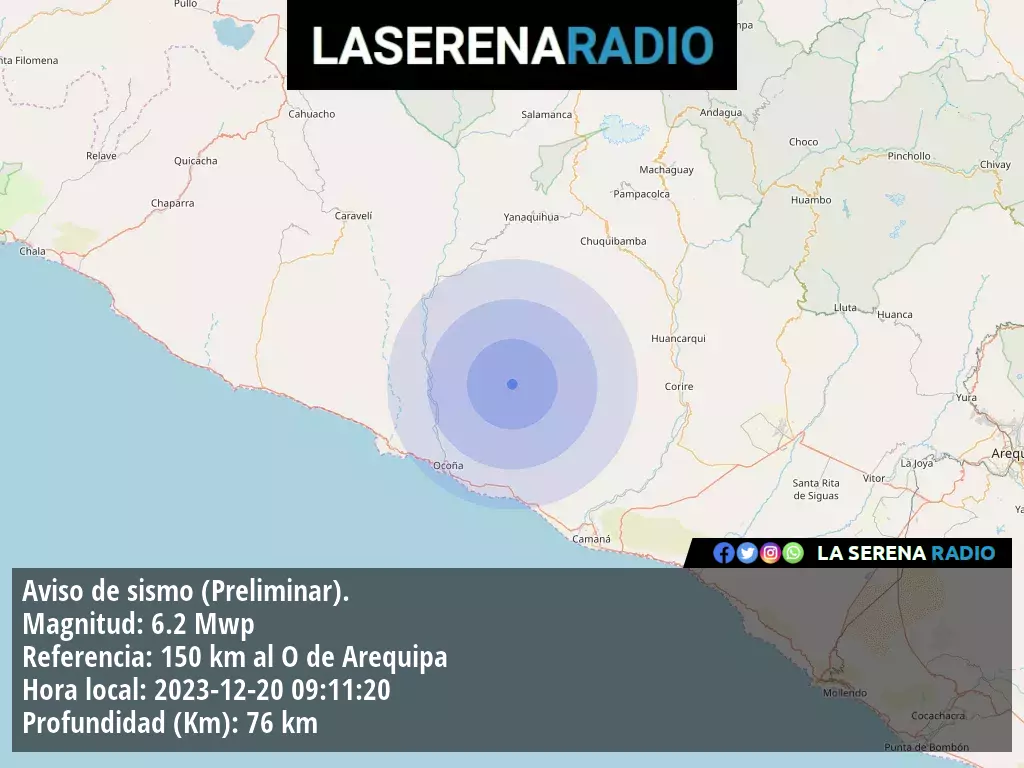 Sismo de mediana intensidad a 150 kilómetros al oeste de Arequipa