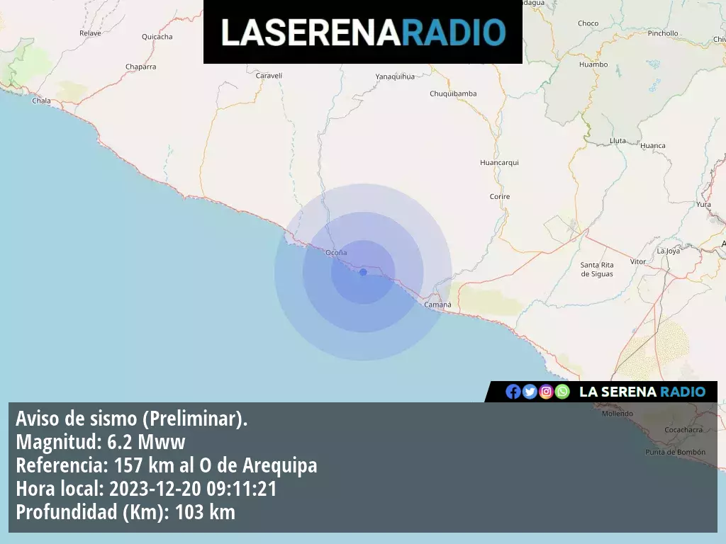 Sismo de mediana intensidad a 157 kilómetros al oeste de Arequipa