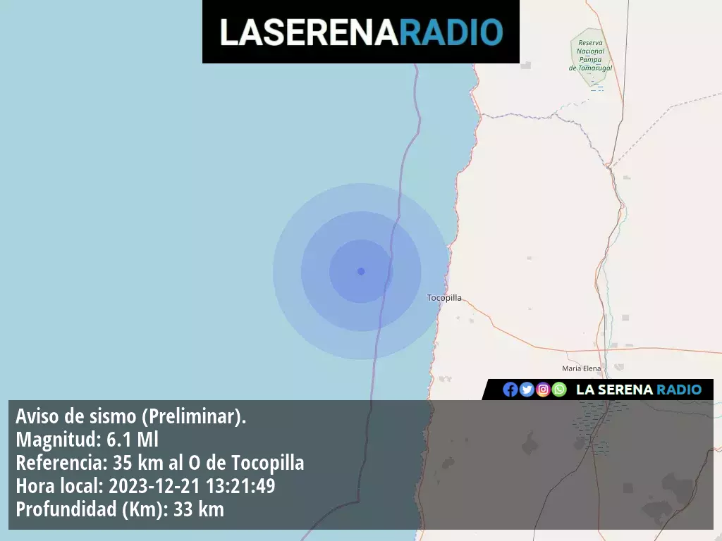 Sismo de mediana intensidad a 35 kilómetros al oeste de Tocopilla