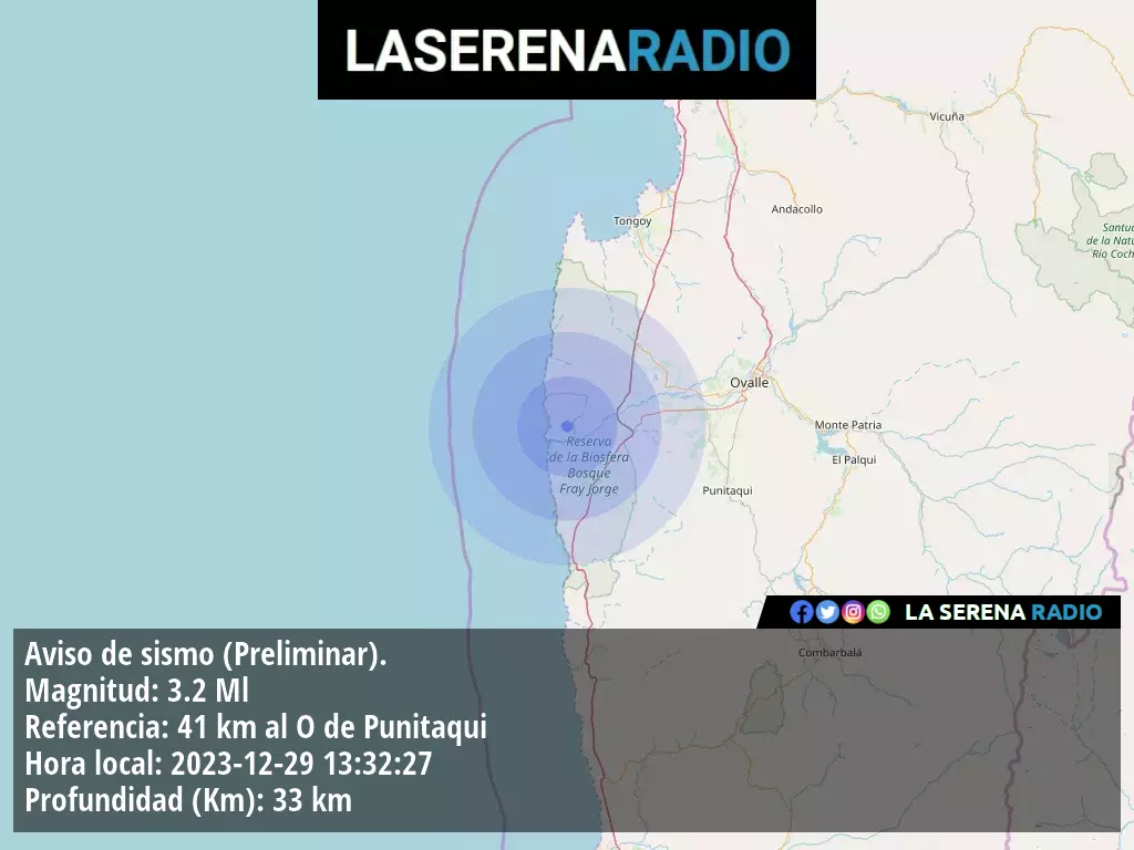 Sismo de menor intensidad a 41 kilómetros al oeste de Punitaqui