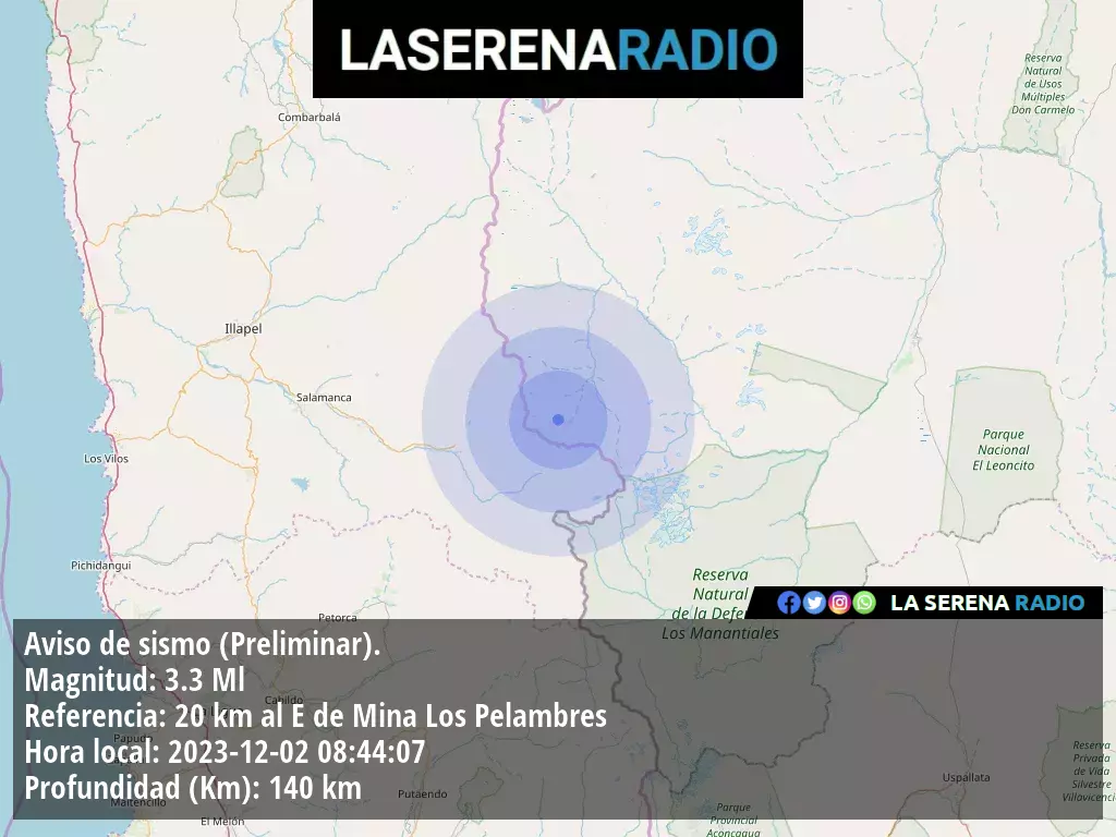 Sismo de menor intensidad a 20 kilómetros al este de Mina Los Pelambres