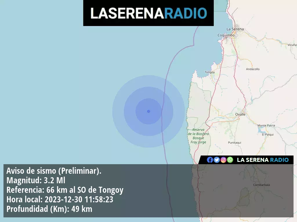 Sismo de menor intensidad a 66 kilómetros al suroeste de Tongoy