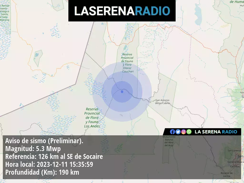 Sismo de mediana intensidad a 126 kilómetros al sureste de Socaire