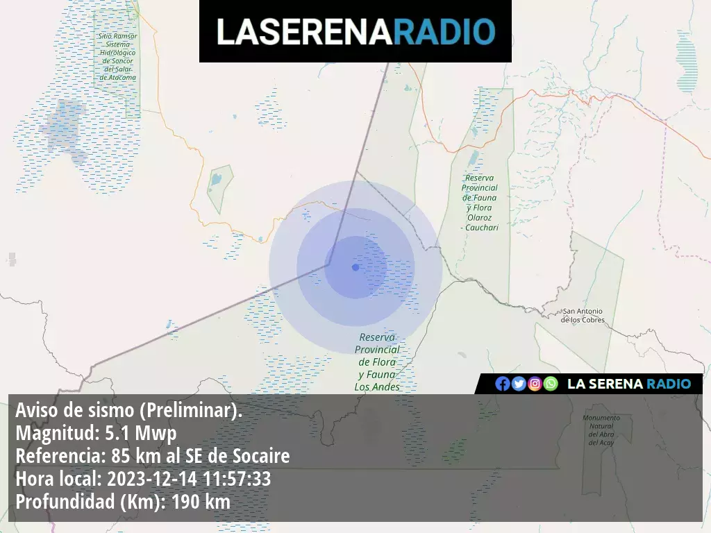 Sismo de mediana intensidad a 85 kilómetros al sureste de Socaire