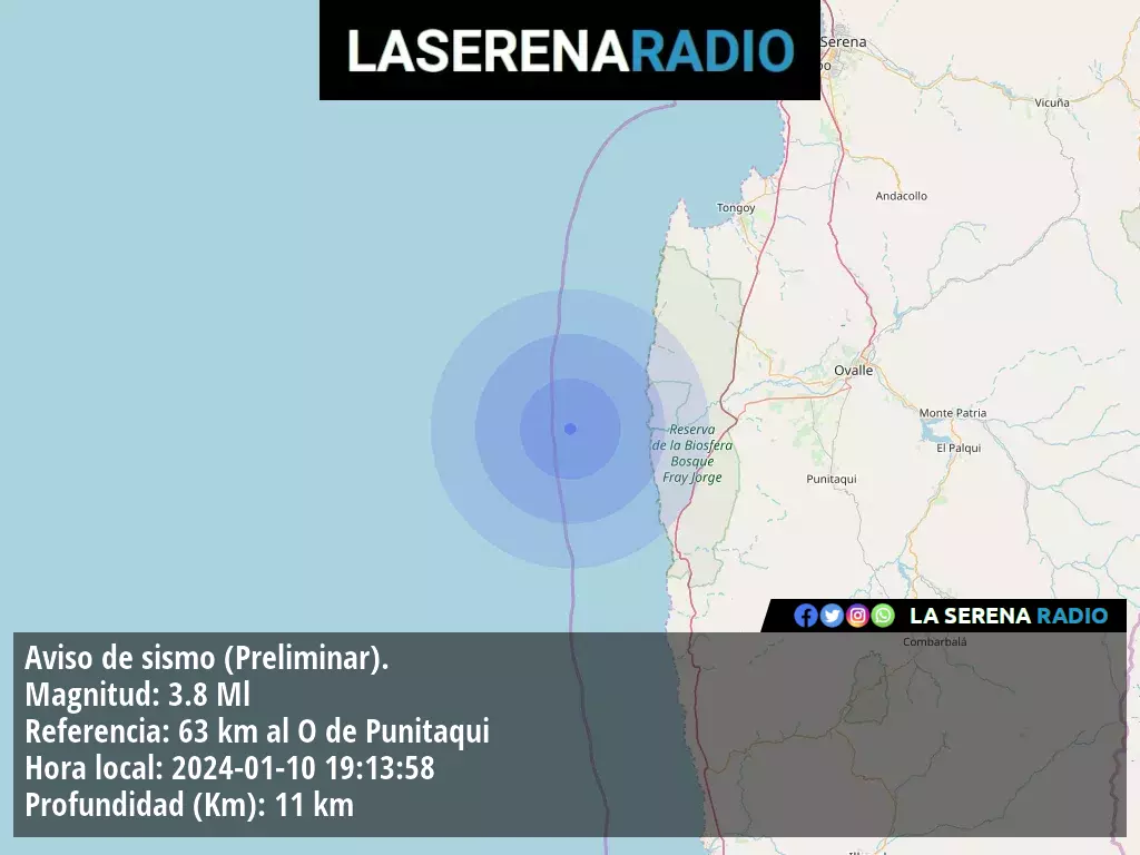 Sismo de menor intensidad a 63 kilómetros al oeste de Punitaqui