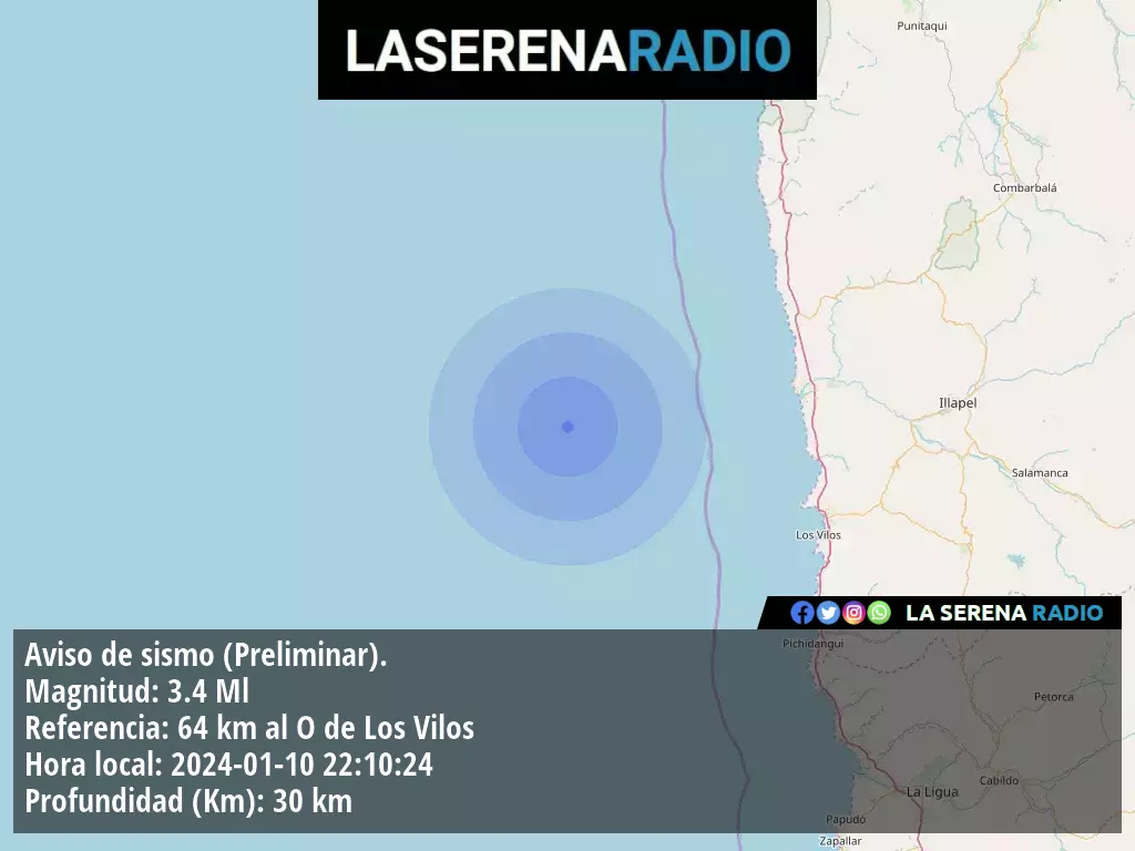 Sismo de menor intensidad a 64 kilómetros al oeste de Los Vilos