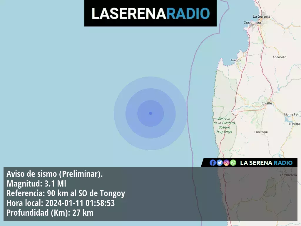 Sismo de menor intensidad a 90 kilómetros al suroeste de Tongoy