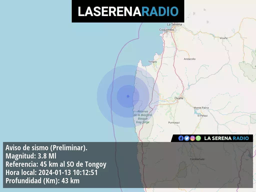 Sismo de menor intensidad a 45 kilómetros al suroeste de Tongoy