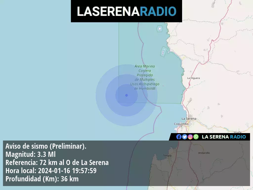 Sismo de menor intensidad a 72 kilómetros al oeste de La Serena