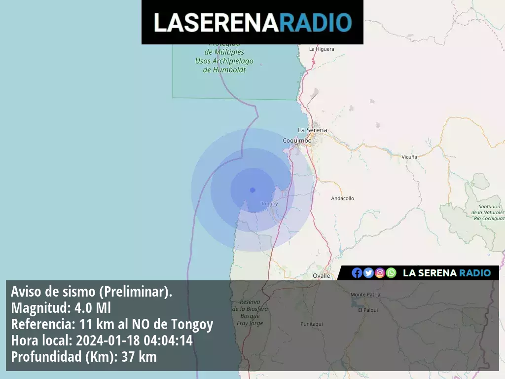 Sismo de mediana intensidad a 11 kilómetros al noroeste de Tongoy