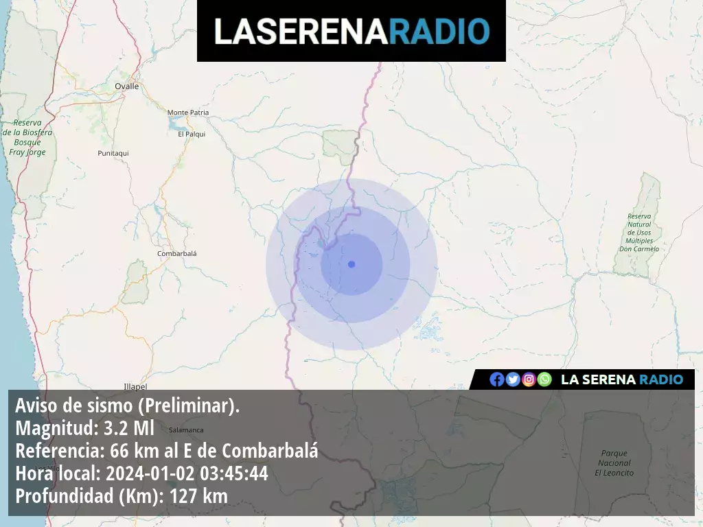 Sismo de menor intensidad a 66 kilómetros al este de Combarbalá