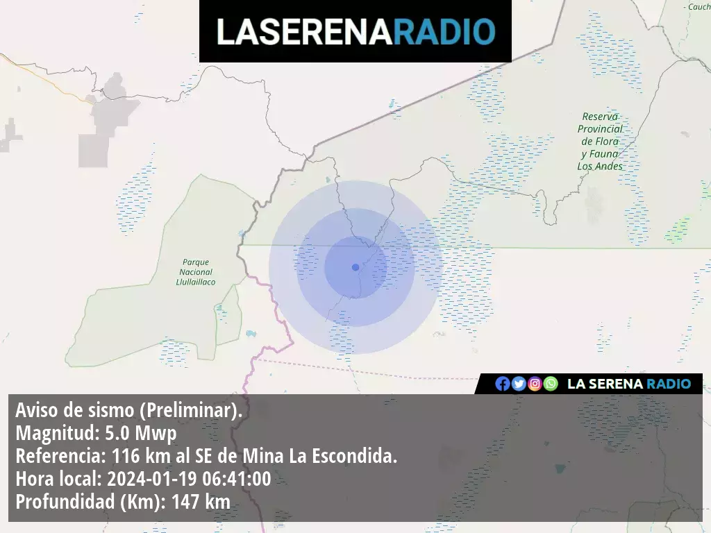 Sismo de mediana intensidad a 116 kilómetros al sureste de Mina La Escondida.