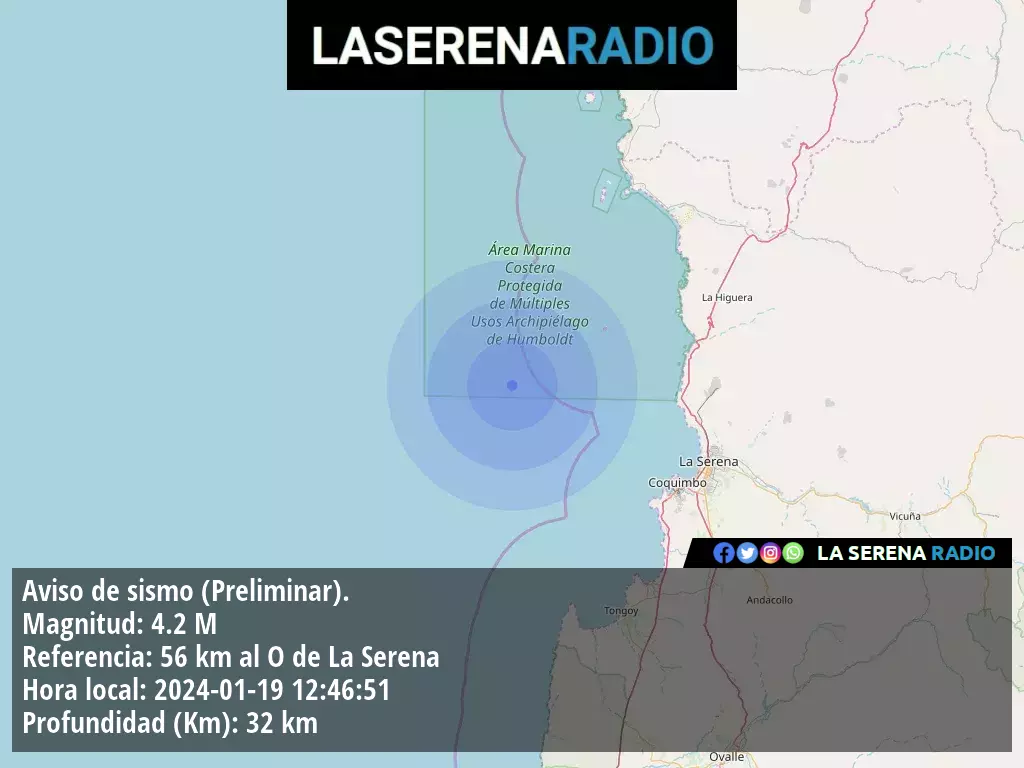 Sismo de mediana intensidad a 56 kilómetros al oeste de La Serena