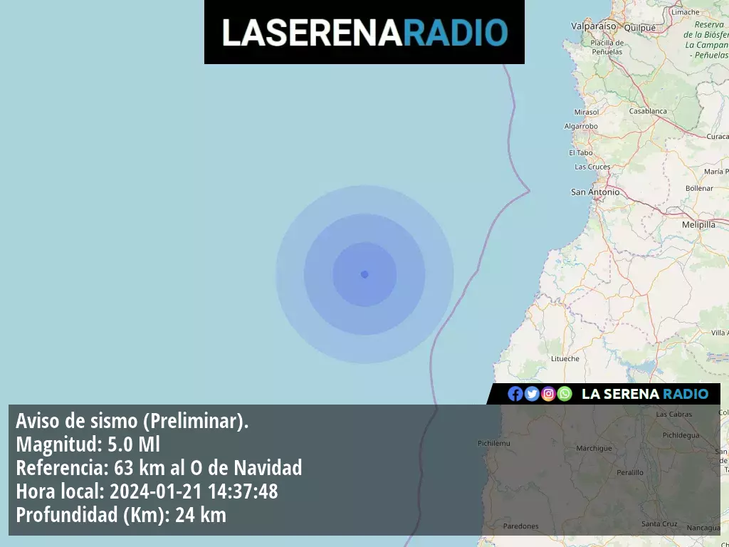 Sismo de mediana intensidad a 63 kilómetros al oeste de Navidad