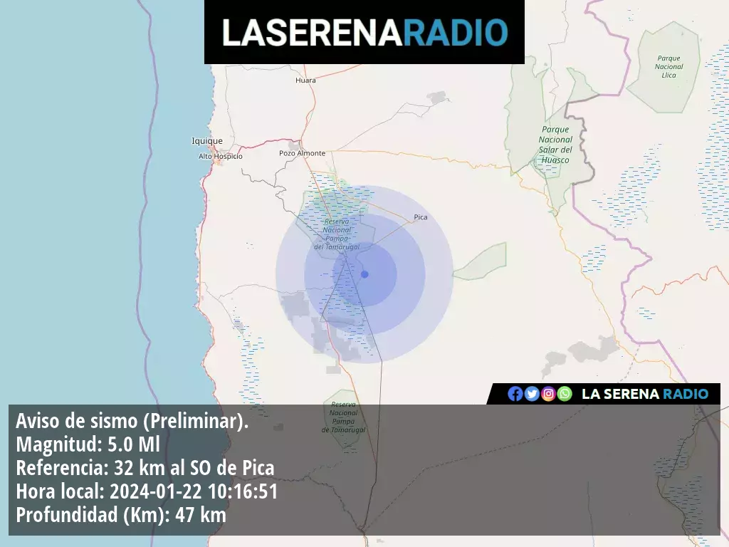 Sismo de mediana intensidad a 32 kilómetros al suroeste de Pica