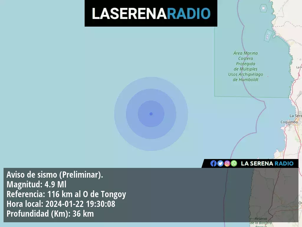 Sismo de mediana intensidad a 116 kilómetros al oeste de Tongoy