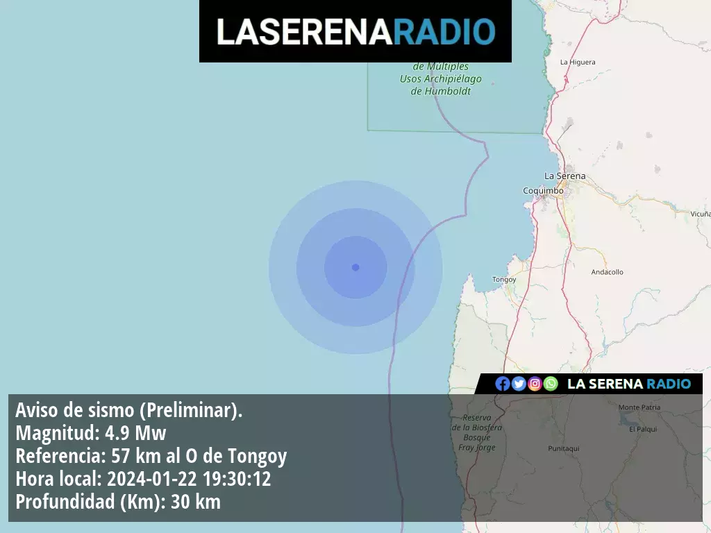 Sismo de mediana intensidad a 57 kilómetros al oeste de Tongoy