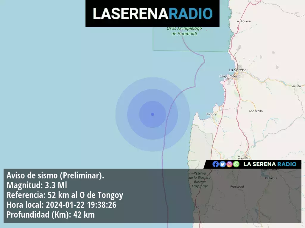 Sismo de menor intensidad a 52 kilómetros al oeste de Tongoy