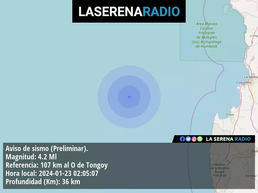 Sismo de mediana intensidad a 107 kilómetros al oeste de Tongoy