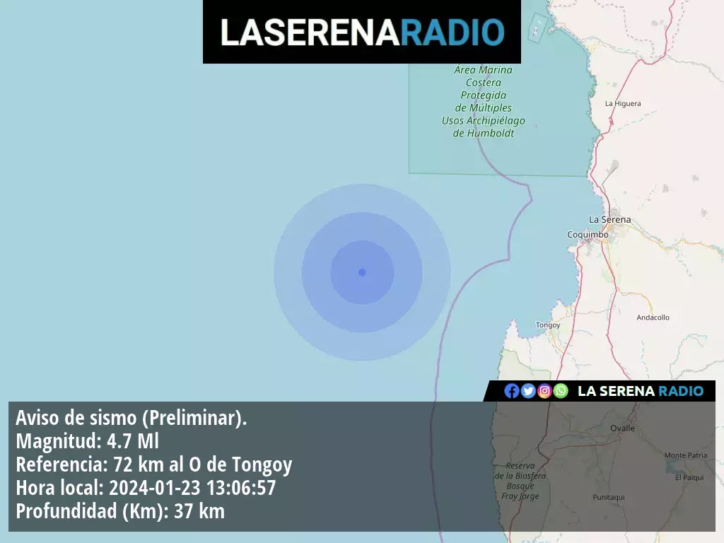 Sismo de mediana intensidad a 72 kilómetros al oeste de Tongoy