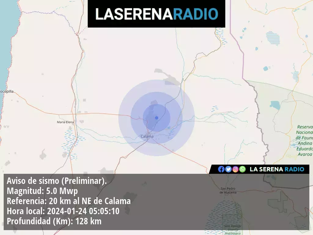 Sismo de mediana intensidad a 20 kilómetros al noreste de Calama