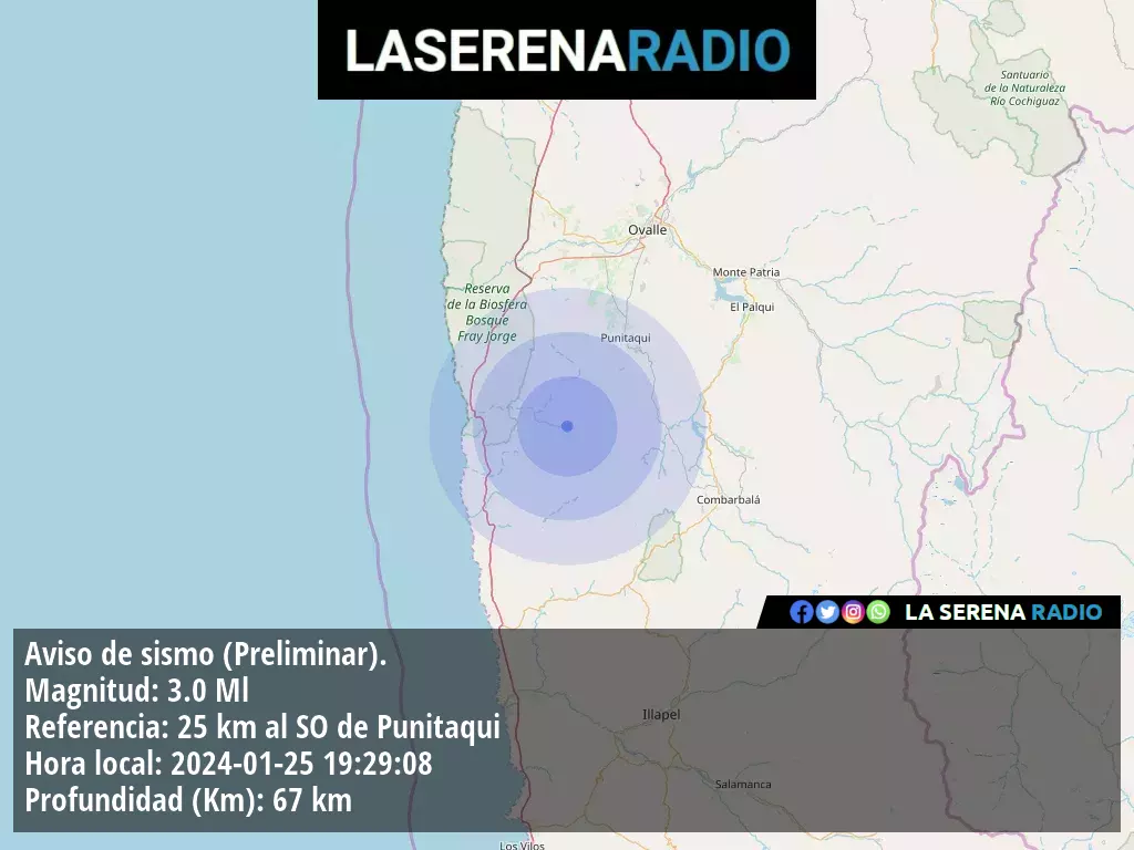 Sismo de menor intensidad a 25 kilómetros al suroeste de Punitaqui