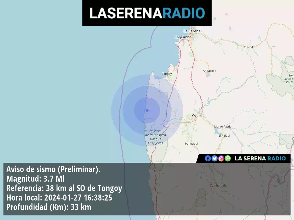 Sismo de menor intensidad a 38 kilómetros al suroeste de Tongoy