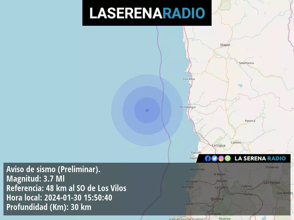 Sismo de menor intensidad a 48 kilómetros al suroeste de Los Vilos