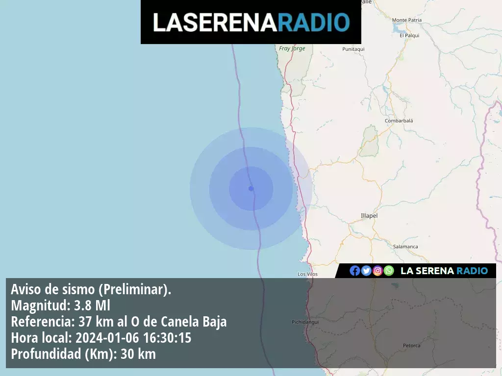 Sismo de menor intensidad a 37 kilómetros al oeste de Canela Baja