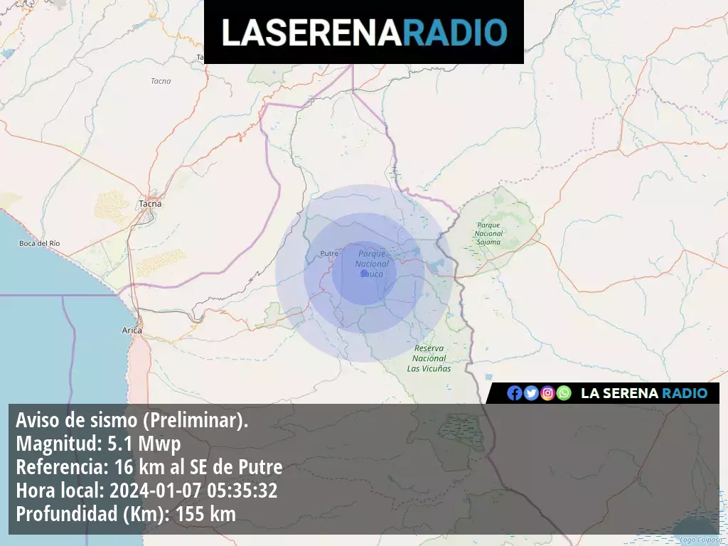 Sismo de mediana intensidad a 16 kilómetros al sureste de Putre