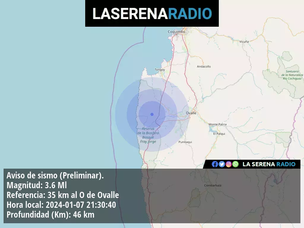 Sismo de menor intensidad a 35 kilómetros al oeste de Ovalle