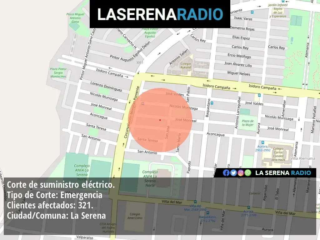 Corte de suministro eléctrico afecta a 321 clientes en La Serena