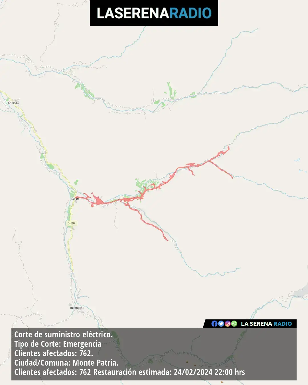 Corte de suministro eléctrico afecta a 762 clientes en Monte Patria