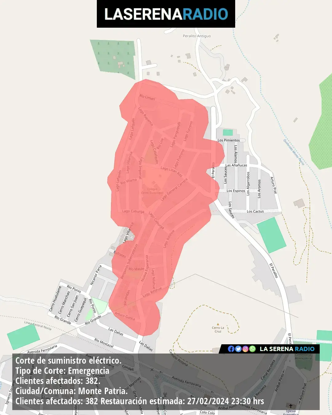 Corte de suministro eléctrico afecta a 382 clientes en Monte Patria