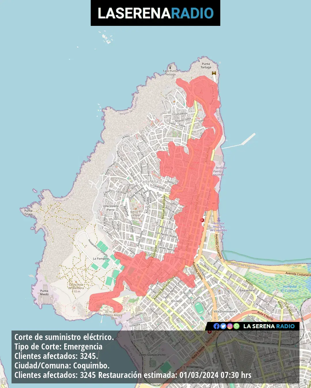 Corte de suministro eléctrico afecta a 3245 clientes en Coquimbo