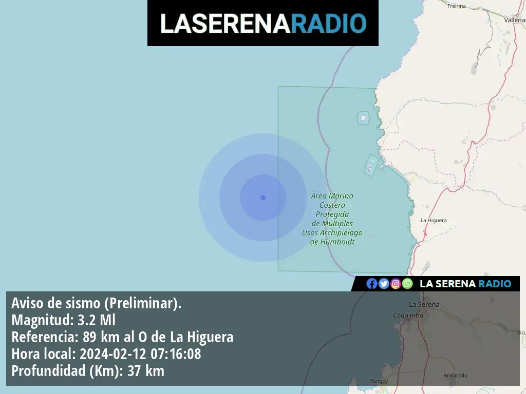 Sismo de menor intensidad a 89 kilómetros al oeste de La Higuera