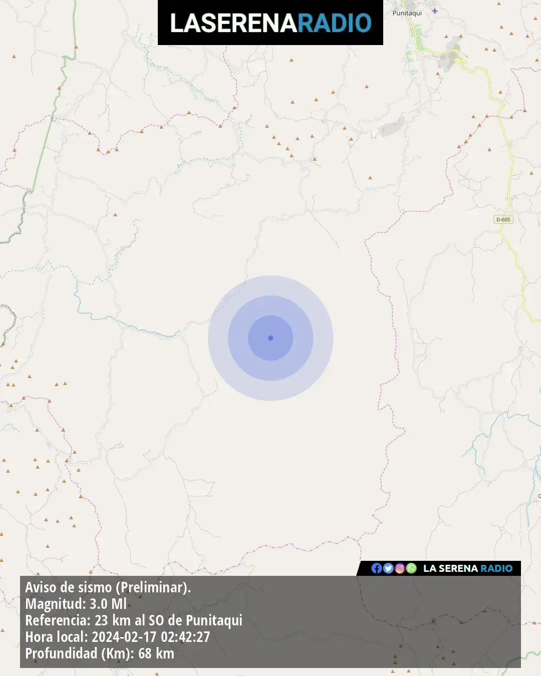 Sismo de menor intensidad a 23 kilómetros al suroeste de Punitaqui