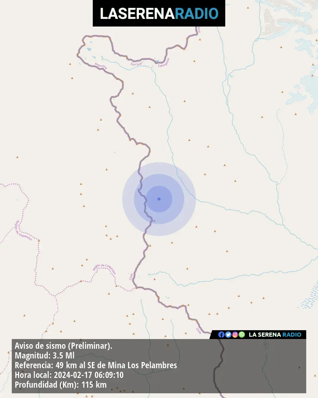 Sismo de menor intensidad a 49 kilómetros al sureste de Mina Los Pelambres