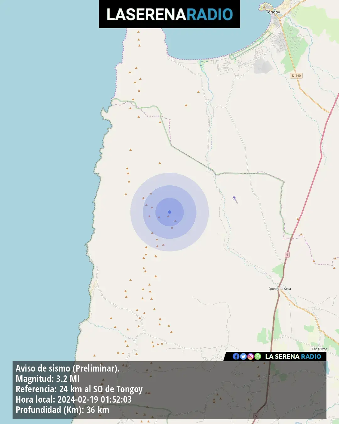 Sismo de menor intensidad a 24 kilómetros al suroeste de Tongoy