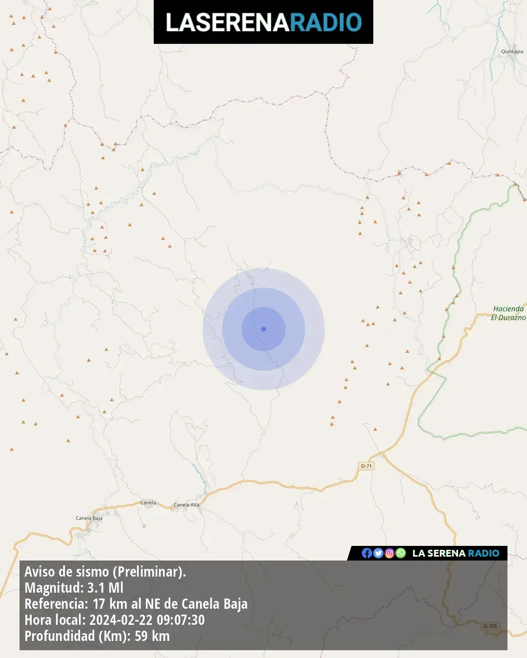 Sismo de menor intensidad a 17 kilómetros al noreste de Canela Baja