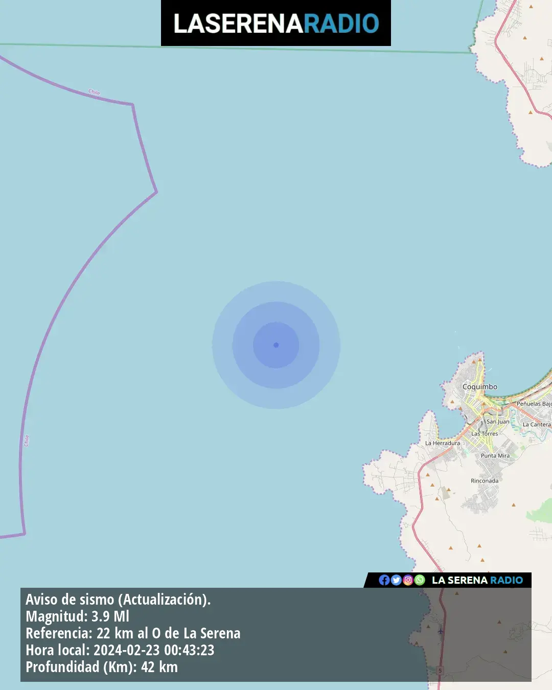 Sismo de menor intensidad a 22 kilómetros al oeste de La Serena