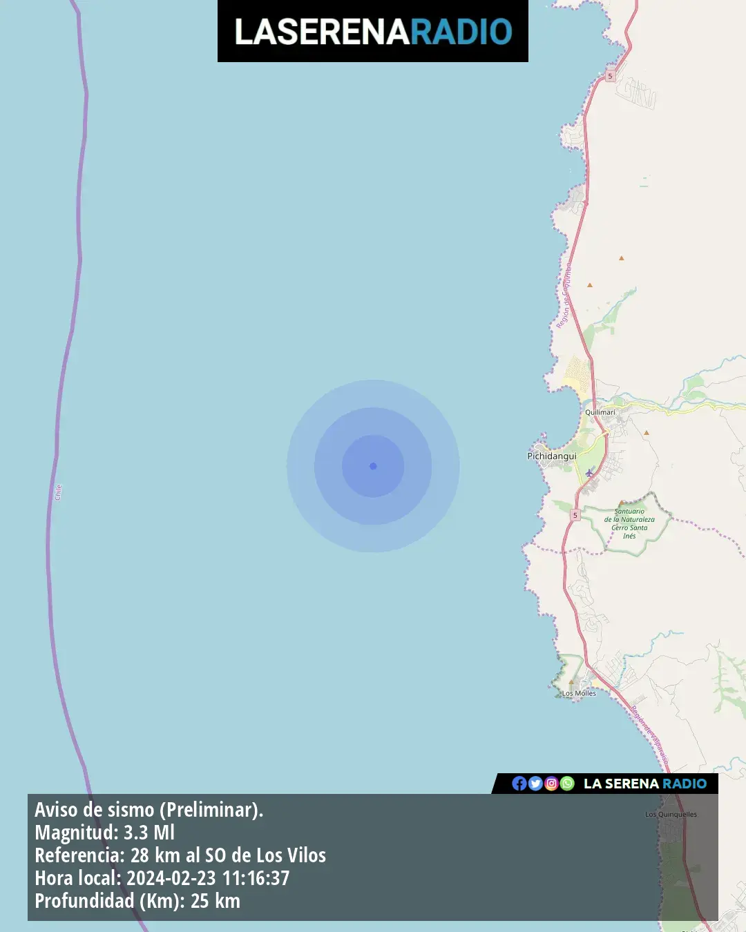 Sismo de menor intensidad a 28 kilómetros al suroeste de Los Vilos