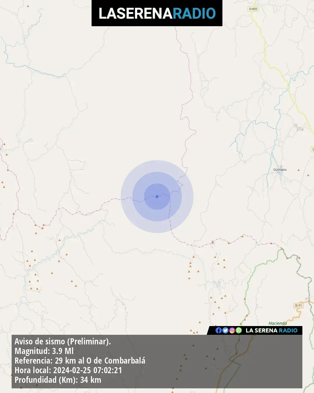 Sismo de menor intensidad a 29 kilómetros al oeste de Combarbalá