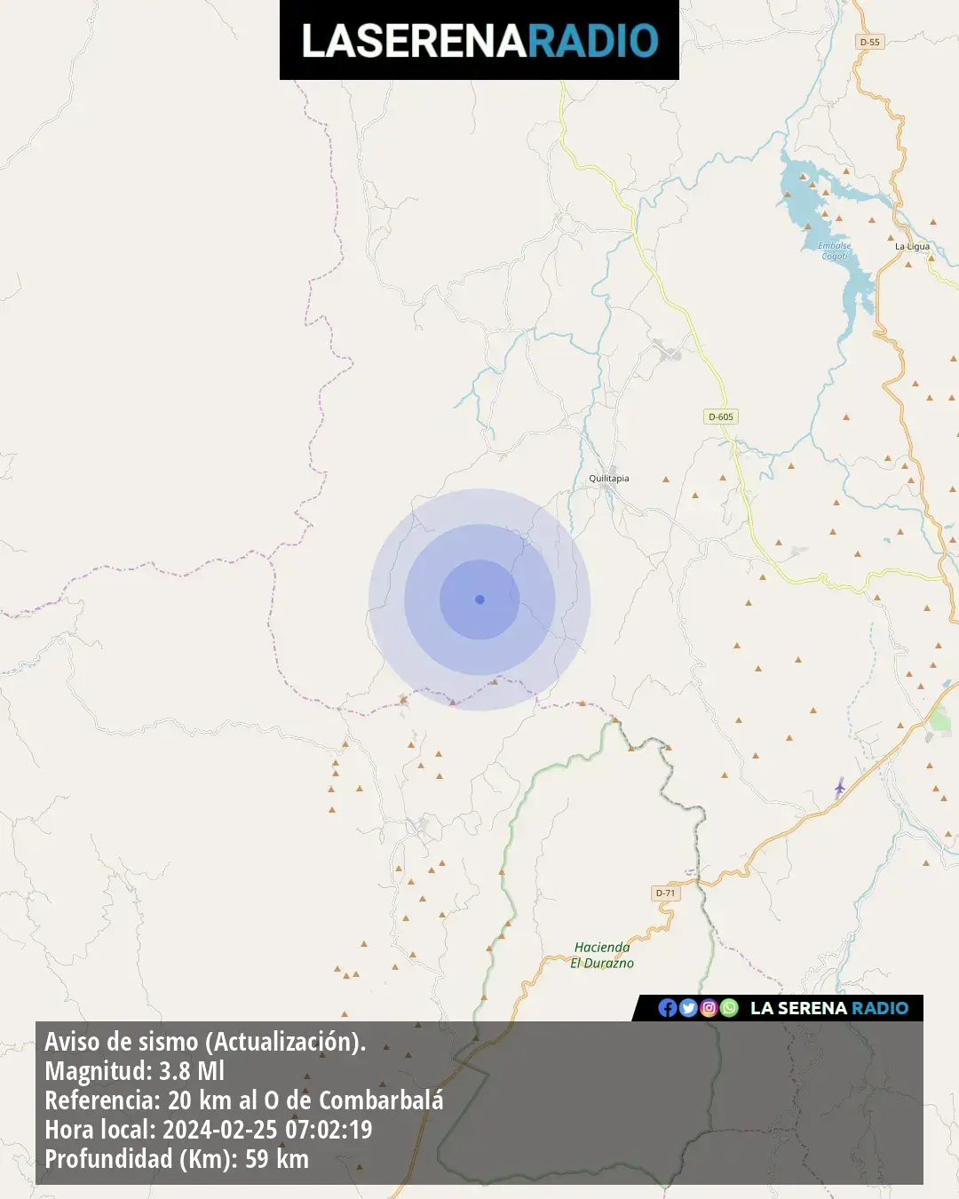 Sismo de menor intensidad a 20 kilómetros al oeste de Combarbalá