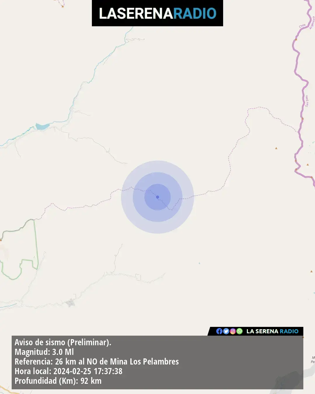 Sismo de menor intensidad a 26 kilómetros al noroeste de Mina Los Pelambres