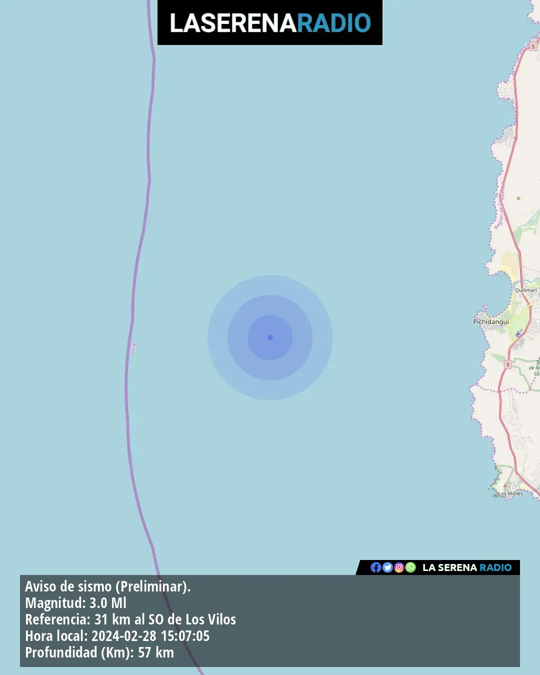 Sismo de menor intensidad a 31 kilómetros al suroeste de Los Vilos