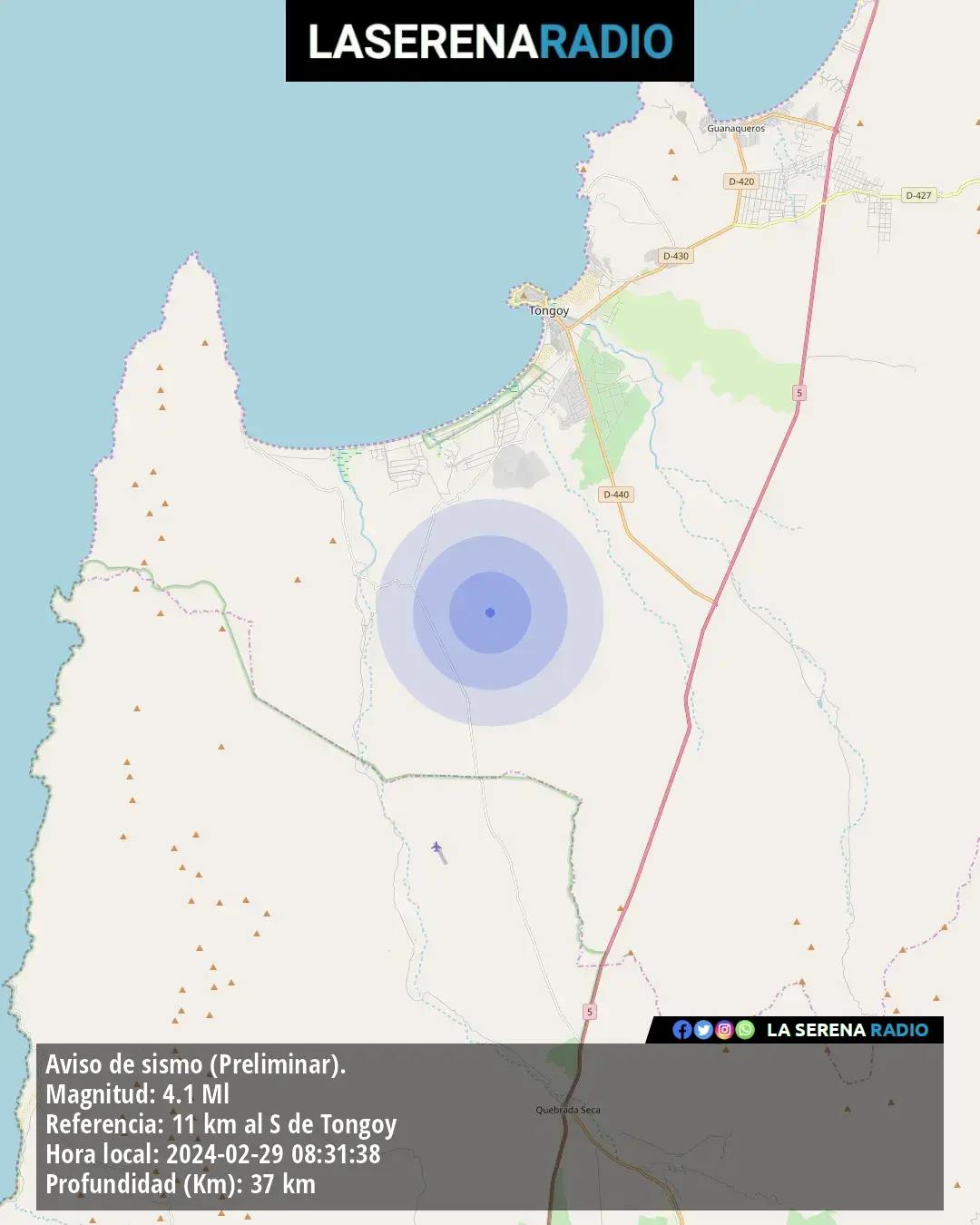 Sismo de mediana intensidad a 11 kilómetros al sur de Tongoy